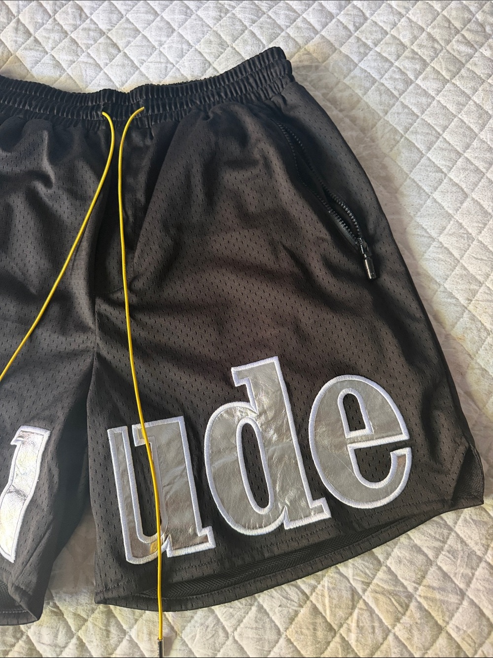 Rhude Black Mesh Athletic Shorts with Yellow Drawcord - Picture 3 of 9